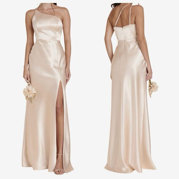 Birdy Grey Bridesmaid Dress Kensie
Shiny Satin Champagne Color 
Size large - Picture 1 of 6